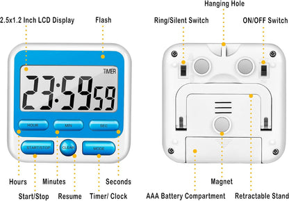 KTKUDY Digital Kitchen Timer with Mute/Loud Alarm Switch ON/Off Switch, 12-Hour Clock & Alarm, Memory Function Count Up & Count Down for Kids Teachers Cooking, Large LCD Display, Strong Magnet (Black)
