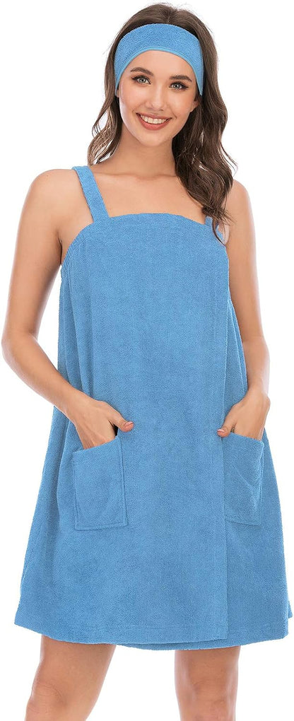 Veseacky Women Bath Wrap Towel for Womens Shower with Pocket Adjustable Spa Robe & Facial Headband