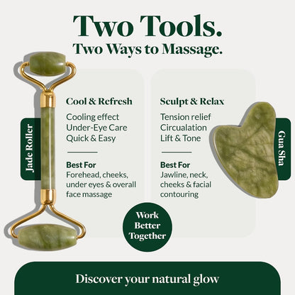 Jade Roller and Gua Sha - Spa Grade Face Roller Massager and Gua Sha Massage Tool Set. 100% Authentic Jade Stone. Reduces Puffiness, Wrinkles and Reveals Your Natural Glow