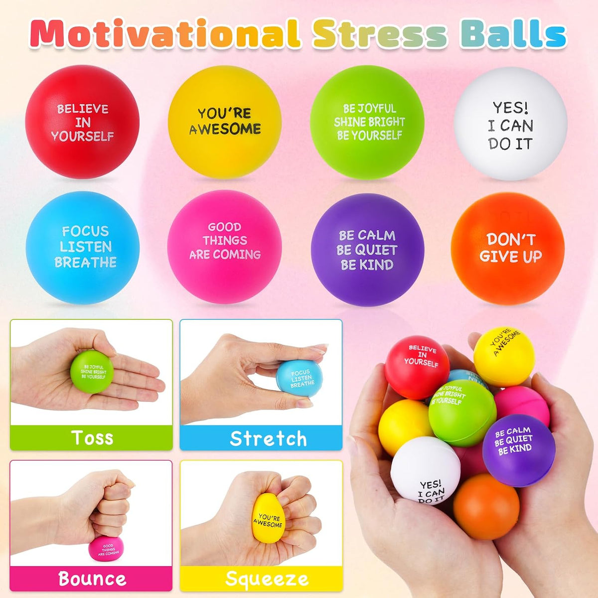 SHQDD Stress Balls for Adults, 8PCS Foam Stress Relief Toys for Kids & Adults, Bulk Squeeze Balls for Office Relief Employee Appreciation, Classroom Prizes, Student Gifts, Perfect Party Favors
