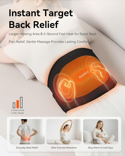 IKEEPFIT Portable Heating Pad for Back, FSA Eligible HSA, Cordless Heat Belt with Massager for Lower Back Pain Relief, Battery Powered 8000 mAh Rechargeable, MAXwarm 3.0, Gift for Women Men 90-310 lb