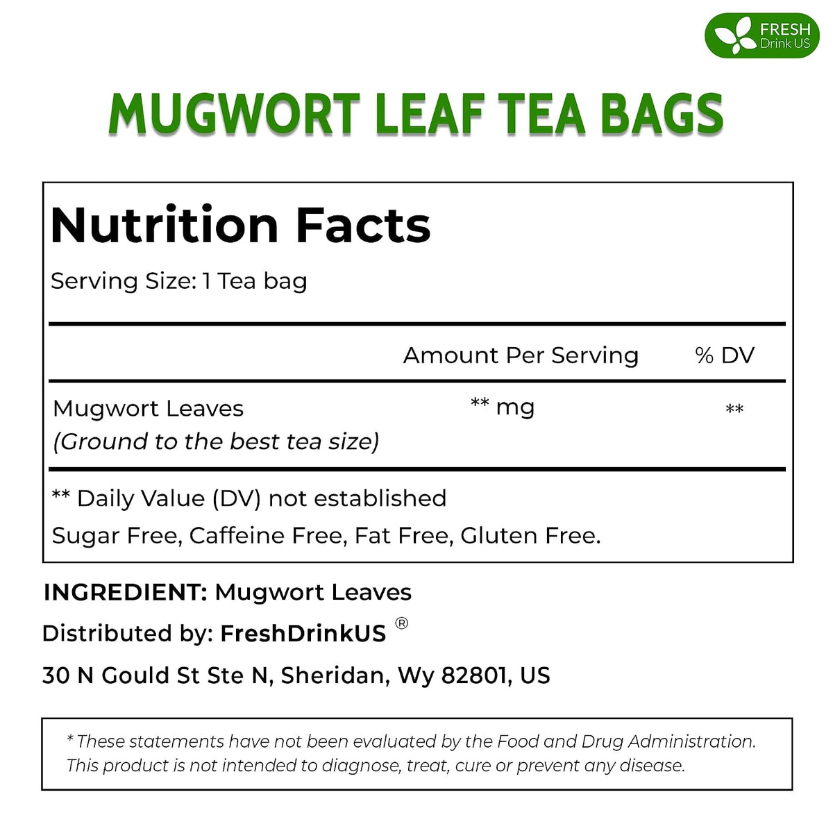FreshDrinkUS, Premium Mugwort Leaf Tea, 45 Count, Pure, Caffeine Free