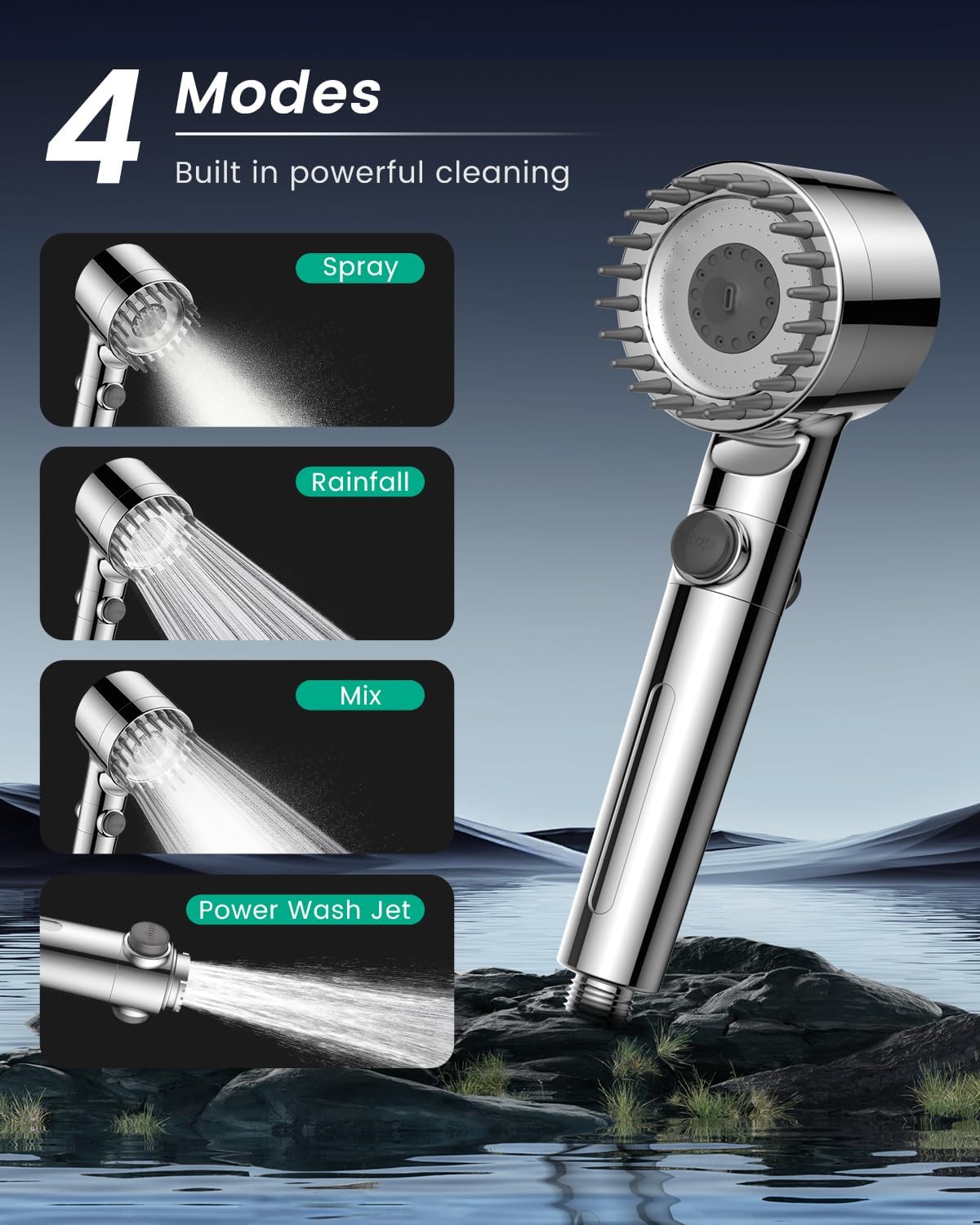Filtered Shower Head with Handheld with 4PCS Filters, High Pressure 4 Spray Modes Shower heads with Filter, IronDrops Water Softener Filter for Hard Water 70" Hose (Chrome)