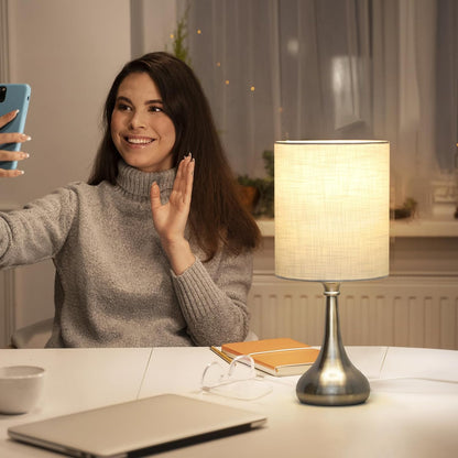 Touch Control Table Lamp, 3 Way Dimmable Simple Night Light Lamp with White Lampshade Silver Metal Base, Small Bedside Table Lamp for Bedroom, Office, Dorm, A19 9W 3000K Bulb Included