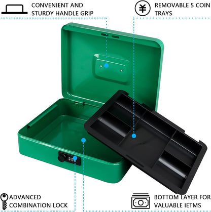 KYODOLED Cash Box with Combination Lock Safe Metal Money Box with Money Tray for Security Lock Box 7.87"x 6.30"x 3.35" Black