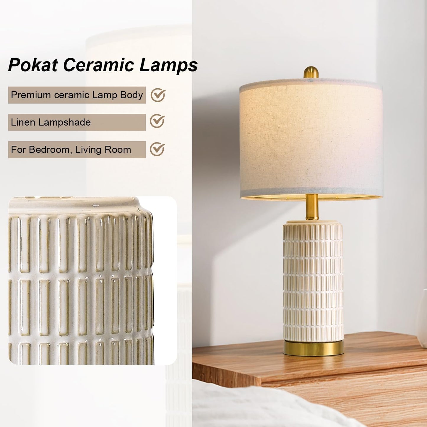 PoKat 20.75" Small Modern Ceramic Table Lamps Set of 2 for Bedroom, White Bedside Lamps for Night Stands, Farmhouse Desk Home Decor Gift Nightstand Table Lamps for Living Room End Table Beige