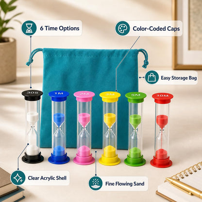 6-Pack Hourglass Sand Timers with Storage Bag, 30 Sec to 10 Min