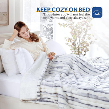Sealy Electric Blanket Throw Size 50"*60",Super Cozy Faux Fur to Sherpa Reversible Heated Blanket Throw with 6 Heating Levels & 2-10 Hours Auto Off Overheating Protection Machine Washable,Blue White