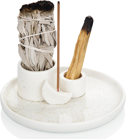 ZenBless Multifunction Incense and Candle Holder for Burning Sage, Palo Santo, Incense Sticks - 5.9" Ceramic Ash Catcher Tray for Meditation Room Home Decor Spritual Gifts (Gold)