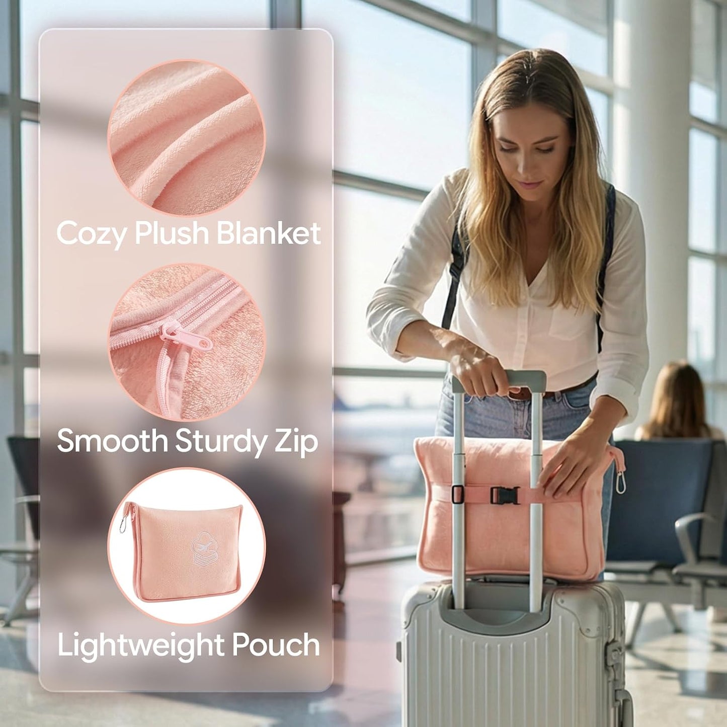 Travel Blanket, Soft 2-in-1 Airplane Blanket, 65x40 Inches, Travel Blanket Airplane Compact with Bag, Car Blanket with Luggage Sleeve & Backpack Clip (Light Grey)