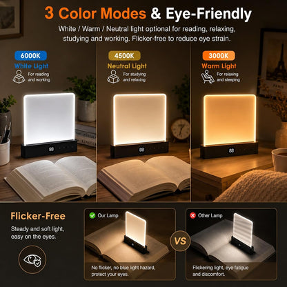 Gayrrnel LED Flat Book Light for Reading, Book Light for Reading in Bed, 3 Color Mode, Eye Care Stepless Dimmable, Portable USB Rechargeable 1200mAh Battery, Auto-Off Timer