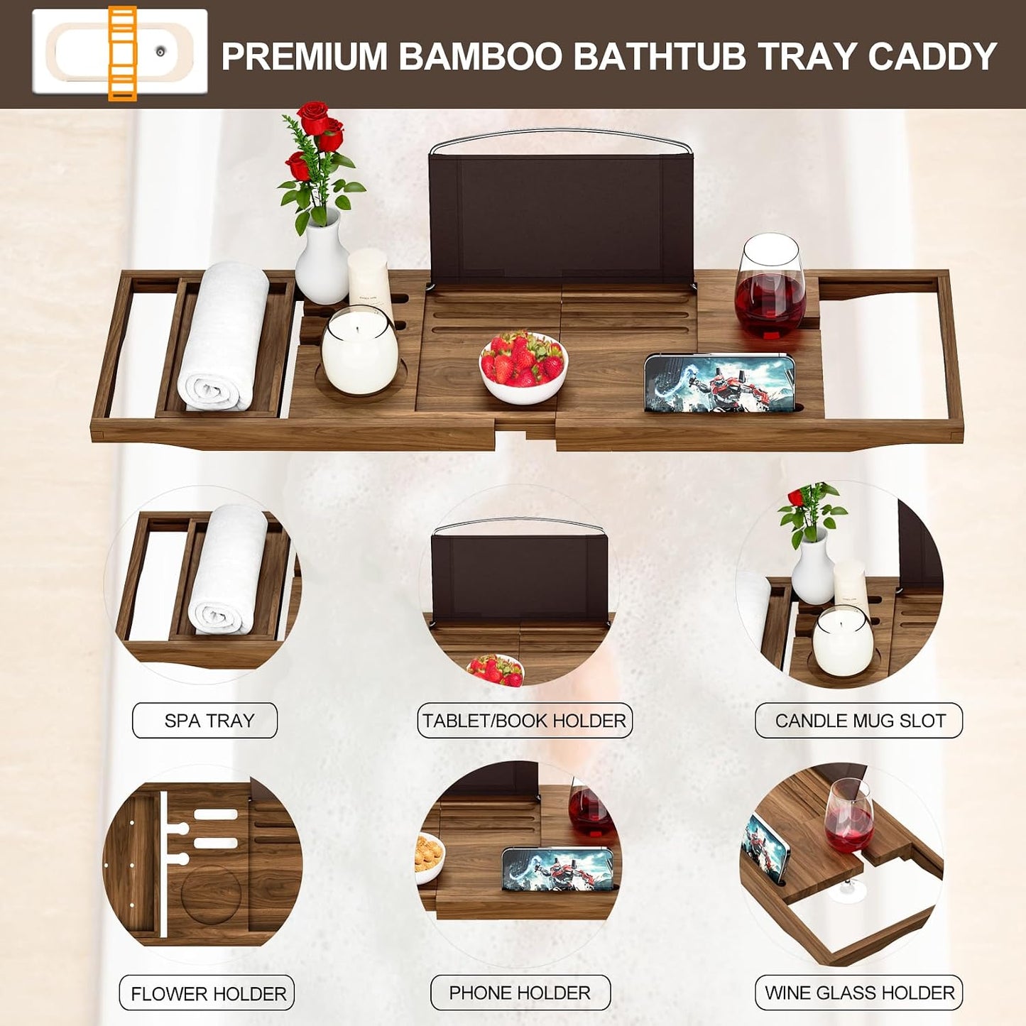 Premium Bamboo Bathtub Tray Caddy - Bath Tub Tray Table for Bathtub - Bath Caddy Tray for Bathtub, Expandable Size, Fits Most Bath Tubs