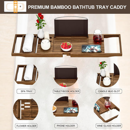 Premium Bamboo Bathtub Tray Caddy - Bath Tub Tray Table for Bathtub - Bath Caddy Tray for Bathtub, Expandable Size, Fits Most Bath Tubs