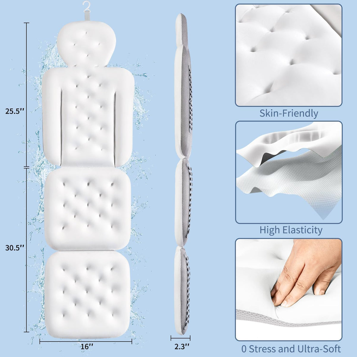 Luxury Bath Cushion, Full Body Bathtub Pillow with 160 Suction Cups, Bath Mat for Head and Neck Support, with Laundry Bag (Blue, 51" x 16")