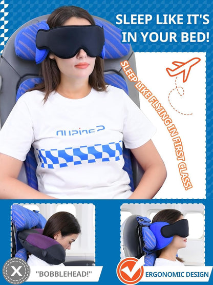 SARISUN Travel Pillows for Airplanes, 360° Stable Support Airplane Pillow with 3D Eye Mask, Headrest Pillow for Long Flight Road Trip Sleep, Stop Bobblehead Travel Essential, Black