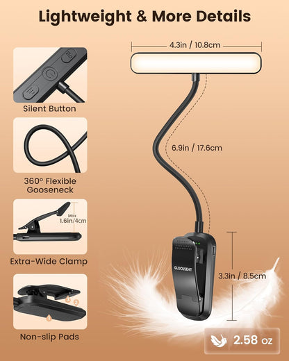 Glocusent 630nm Red Light Reading Light, 26 LEDs Zero Blue Light, 1600K Amber Book Light with 3 Modes & 5 Brightness Dimmable, 120H Runtime, Eye-Care Clip on Light for Book Lovers and Kids