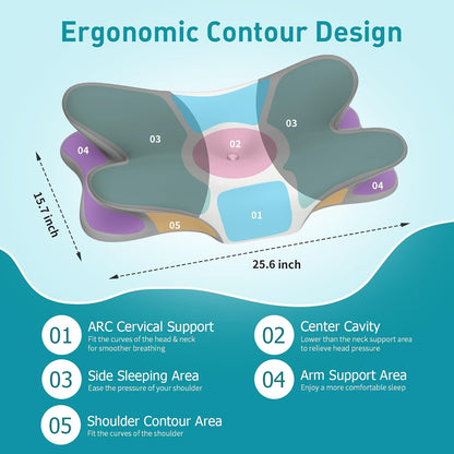 Cervical Pillow for Neck Pain Relief, Ergonomic Neck Pillow for Sleeping, Contour Pillow for Neck Support, Memory Foam Pillows for Reading & Bed Rest Pillows for Side Back Stomach Sleepers(White&Grey)