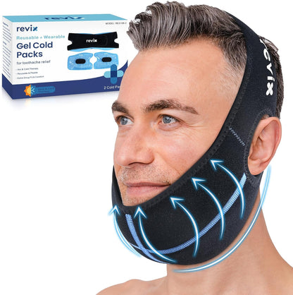 REVIX Wisdom Teeth Ice Pack Head Wrap with 3D Sewing Jaw Ice Pack for Face Oral Surgery Pain Relief for TMJ, Tooth Extraction & Teeth Removed, Extra Snug Fit with 4 Hot Cold Gel Packs Reusable, Black