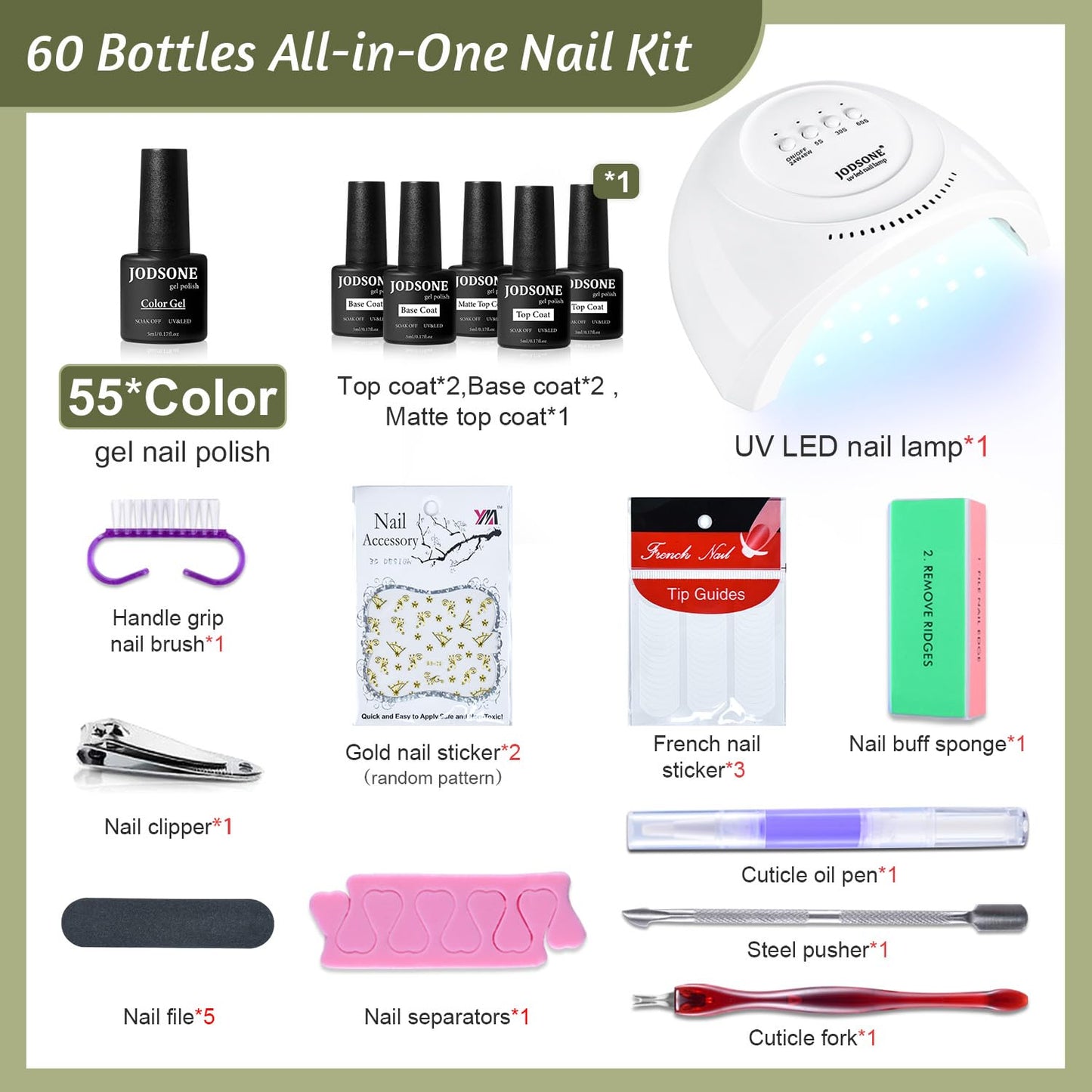 JODSONE Gel Nail Polish Kit 60 PCS with U V Light Soak off Base Top Coat 55 Shine Colors Gel Nail Kit Bright and Dark Brown Wine Red Series Manicure Set for Women and Girls
