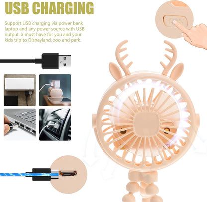 USB Stroller Fan with Flexible Tripod, Adjustable Head and LED Lights