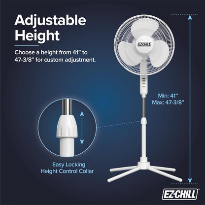 EZ-Chill 16” Oscillating Pedestal Fan, 3-speed Options, 90-Degree Oscillating Head, Adjustable Height and Tilt, Powerful Air Flow, White, MTSP15-16AZ