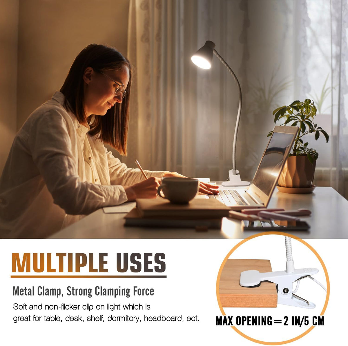 CRI 90+ Eye-Care Clip Light for Reading, 6W Small Clamp Lamp for Desk, Flexible Gooseneck Clip Lamp for Bed Headboard with 3 Color Modes & 10 Brightness(Adapter Include)