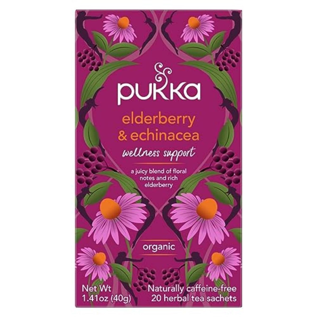 Pukka Elderberry & Echinacea Organic Herbal Tea, Perfect for Wellness Support, Caffeine Free, 80 Total Tea Bags (20ct - Pack of 4)