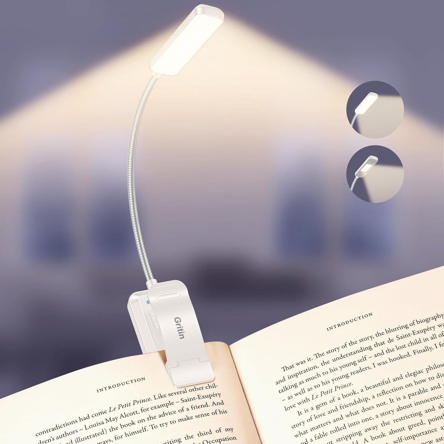 Gritin 2026 Gen 2 Book Light for Reading- 30 Eye Caring Full Spectrum LED, 5 Colors & 5 Brightness, Adjustable Wide/Narrow Beam, Upgrade 1500mAh Long-Lasting Rechargeable Clip on Light for Book Lovers