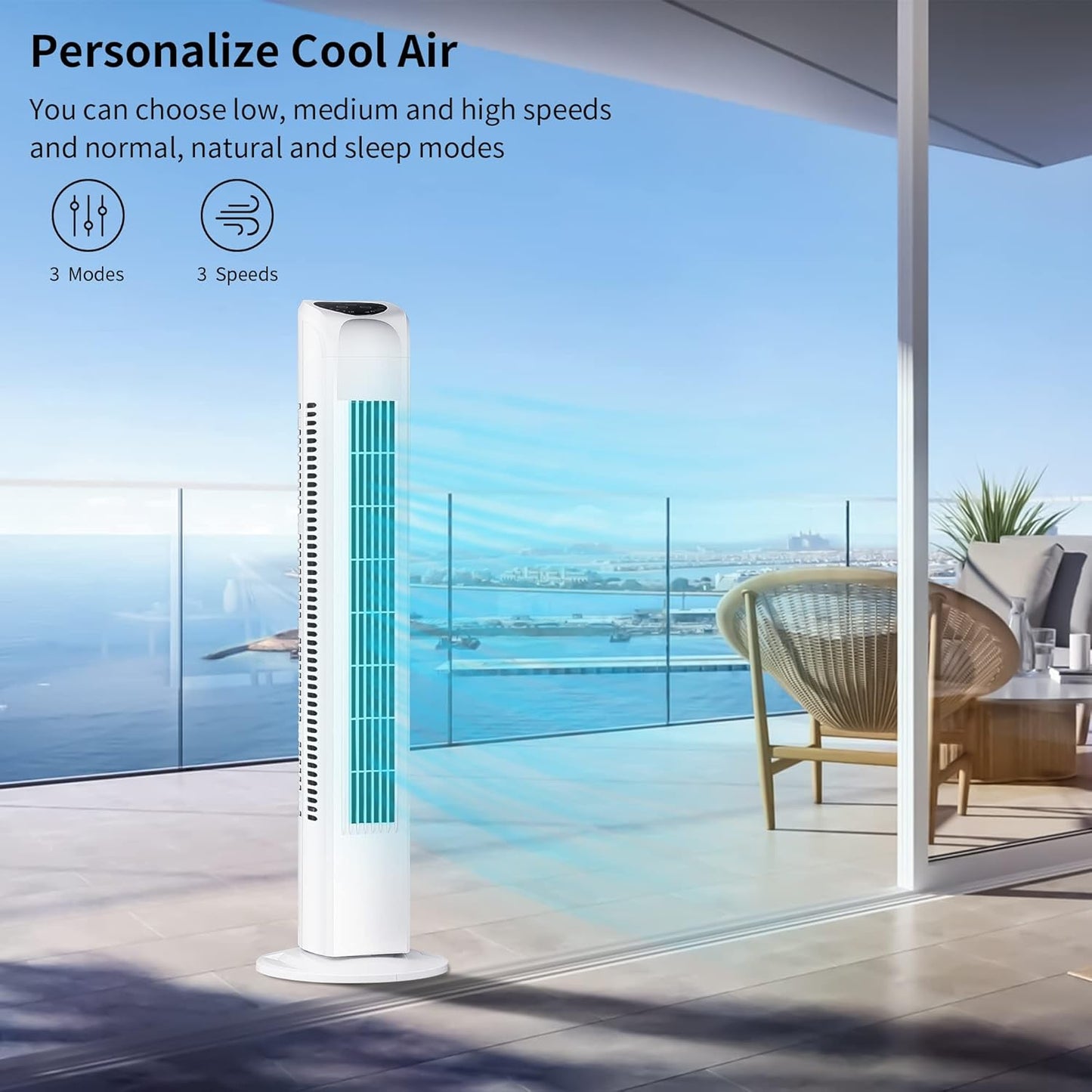 Uthfy Oscillating Tower Fan for Bedroom, Portable Standing Fan with Remote, 3 Modes 3 Speeds, 7.5H Timer, 120° Quiet Cooling for Living room, Office, Black