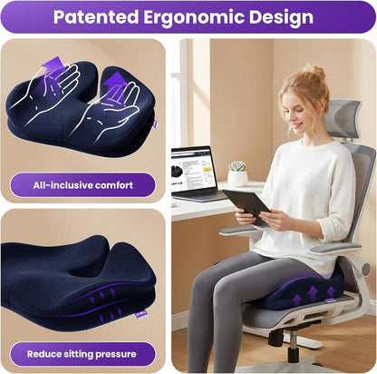 ZZ-WELL Seat Cushion for Office Chairs, Black, 21.2 Inches | Coccyx Cushion for Tailbone Pain, Memory Foam, Extra Large Thick, Patented Pressure Relief, Computer Gaming Chair