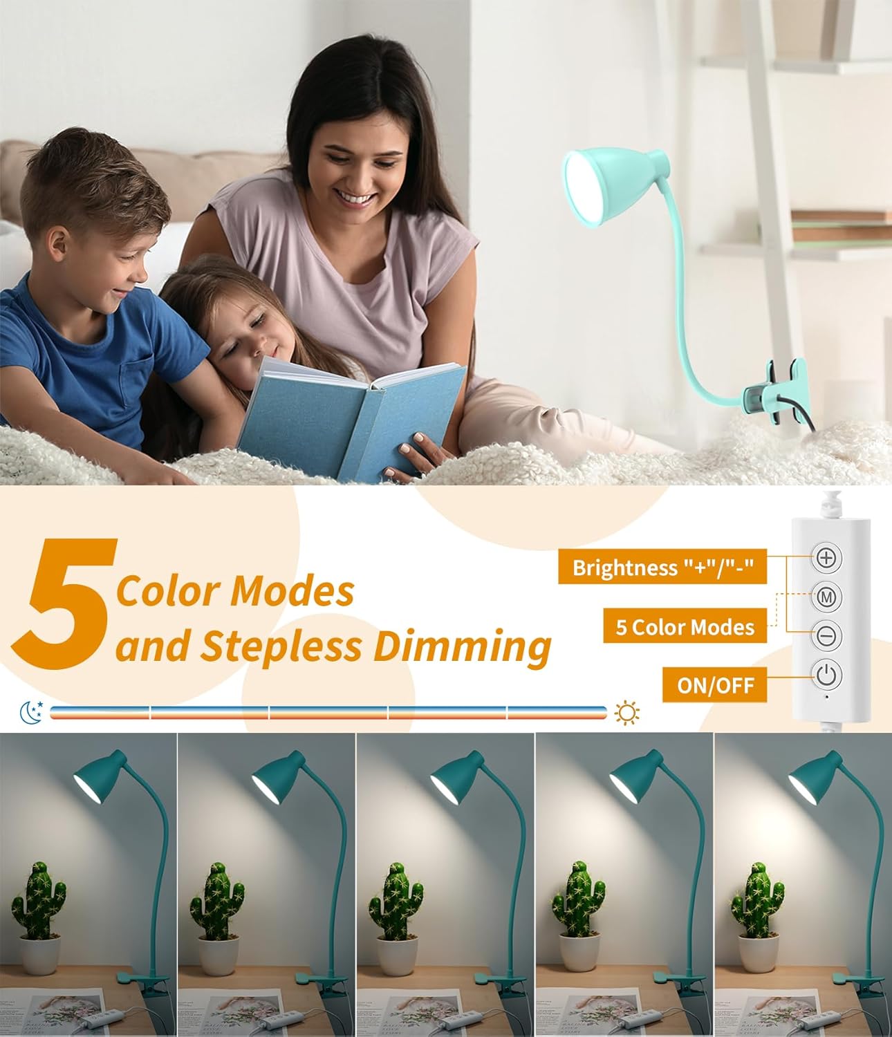 BOHON Desk Lamp with Clamp, Clip on Light, 5 Color 10 Brightness, Teal | 10W 38 LED Flexible Gooseneck Clip Lamp, Auto Off Timer, Desk Lights for Office Home Bed Bedside Reading, Adapter Include