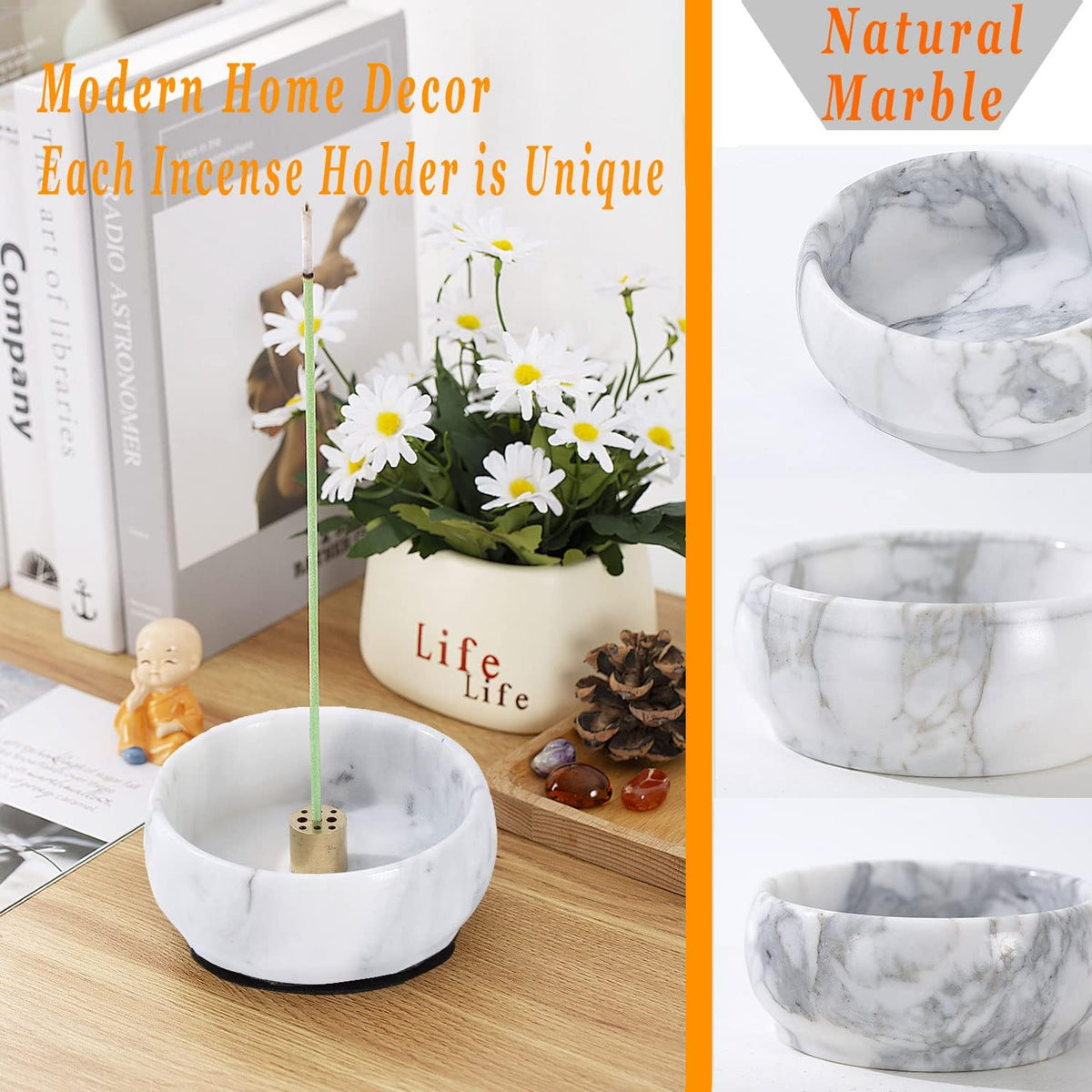 Incense Holder, Natural Marble Incense Holder for Sticks with 9 Incense Holes, Handmade Incense Stick Burner Ideal for Smudging, Decoration