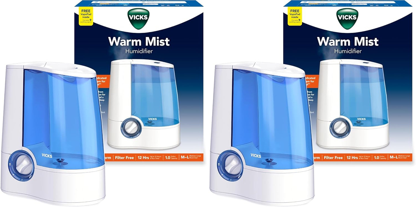 Vicks Warm Mist Humidifier Filter-Free 1-Gal Tank, Auto Shut-Off, Night Light, VapoPad and VapoSteam Compatible