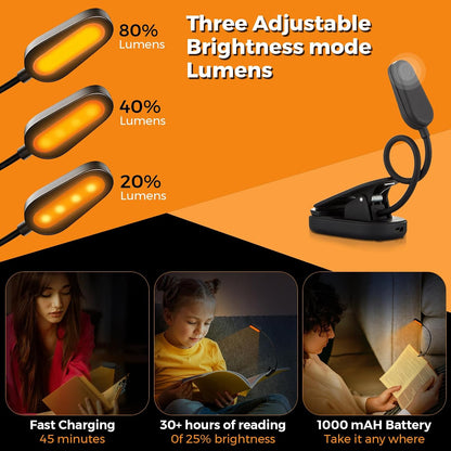 2025 Amber Lights for Reading Books in Bed - Rechargeable Clip On Amber LED Light with USB Cable, Optimal Eye-Care Lights for Relaxing Reading
