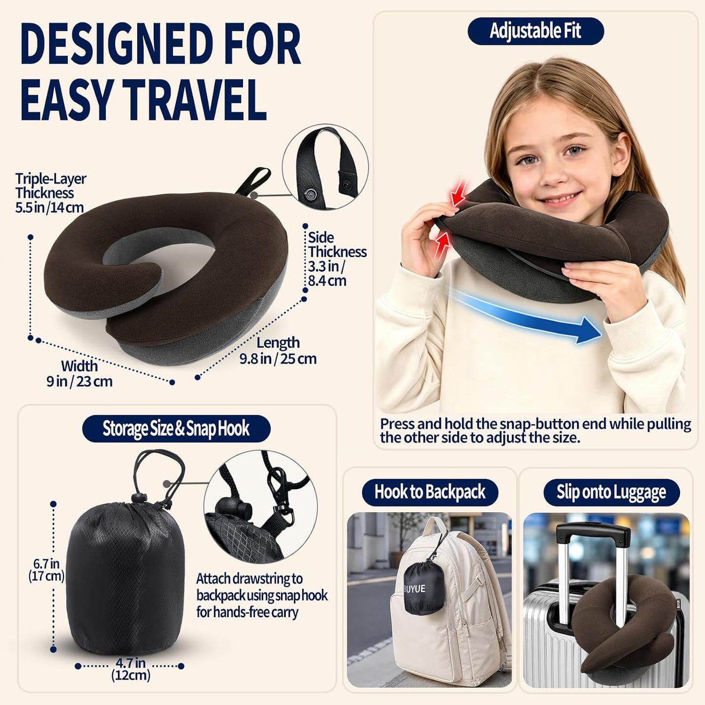 BUYUE Travel Neck Pillows for Airplanes, Memory Foam 360° Head Support Sleep for Long Flight, Skin-Friendly & Breathable, Kit with Eye Mask, Earplugs and Storage Bag (Adult, Grey, 90+ lbs)