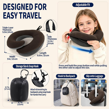 BUYUE Travel Neck Pillows for Airplanes, Memory Foam 360° Head Support Sleep for Long Flight, Skin-Friendly & Breathable, Kit with Eye Mask, Earplugs and Storage Bag (Adult, Grey, 90+ lbs)