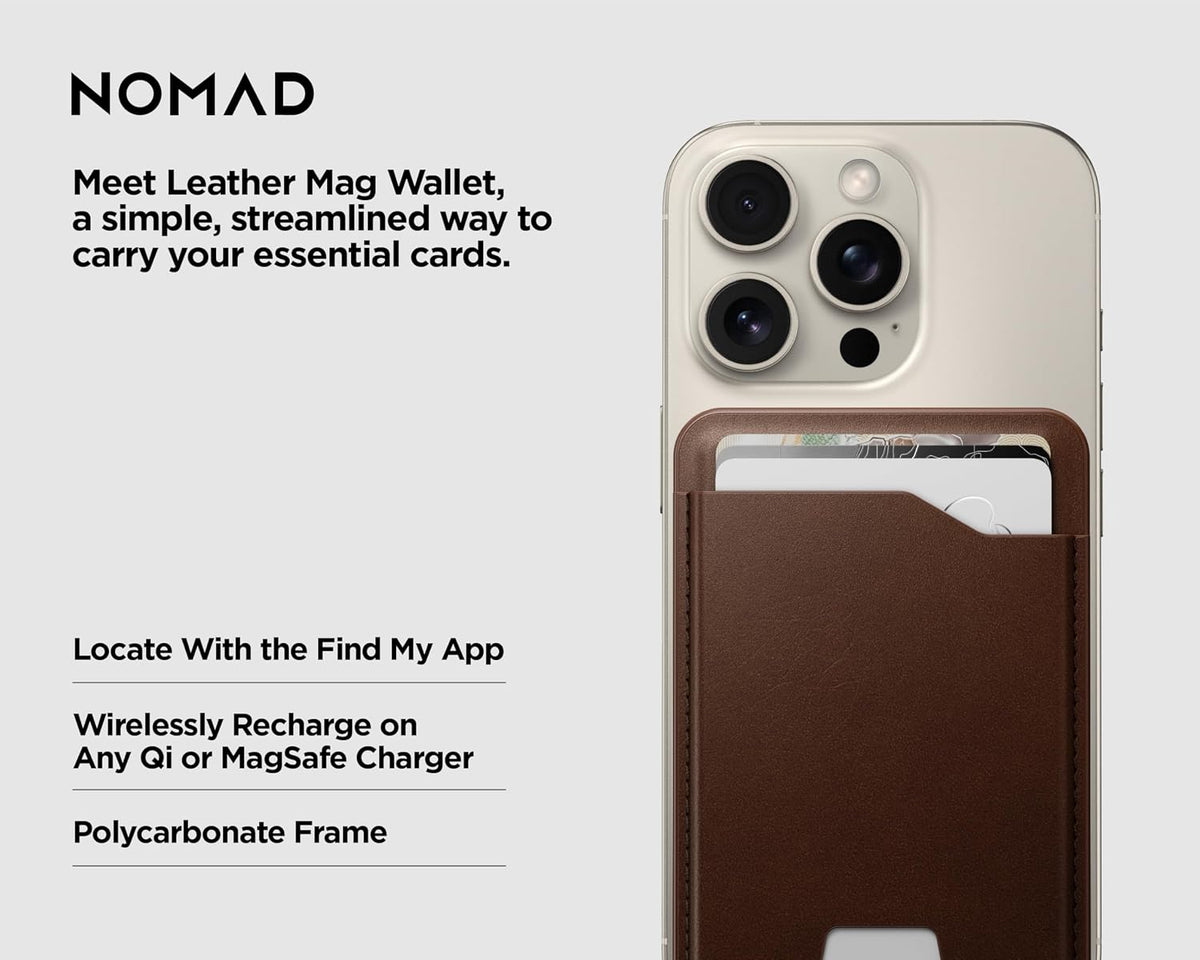 Nomad Leather Black Magsafe Wallet w/Integrated Tracking for iPhone, Slim Magsafe Card Holder for iPhone, Wallet GPS Tracker Card 5 Months Battery Life, Rechargeable, Compatible with iOS Only