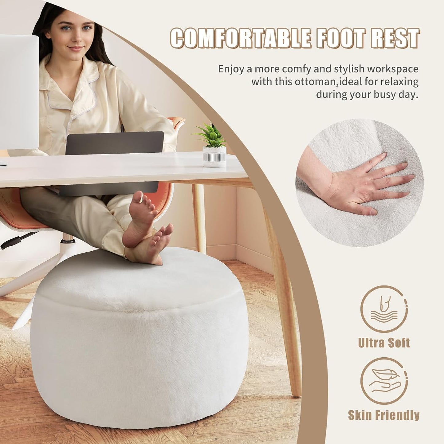 Round Stuffed Pouf Ottoman Foot Rest, Faux Fur Poufs with Memory Foam Filling, Ottomans for Living Room, Nursery, Dorm, Soft Foot Stool Ottoman for Couch, Perfect for Resting Your Feet (Grey, 20 Inch)
