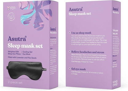 ASUTRA Silk Eye Pillow for Sleep, Black - Filled w/Lavender Buds & Flax Seeds, Weighted Eye Mask, Meditation & Light Blocking Blindfold, Cooling Gel Mask Included