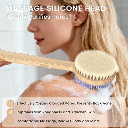 Back Scrubber for Shower，17in Bamboo with Curved Long Handle - Stiff Natural Boar Bristles for Men and Women, Deep Cleansing and Exfoliating, Anti-Slip Grip for Wet or Dry Brushing