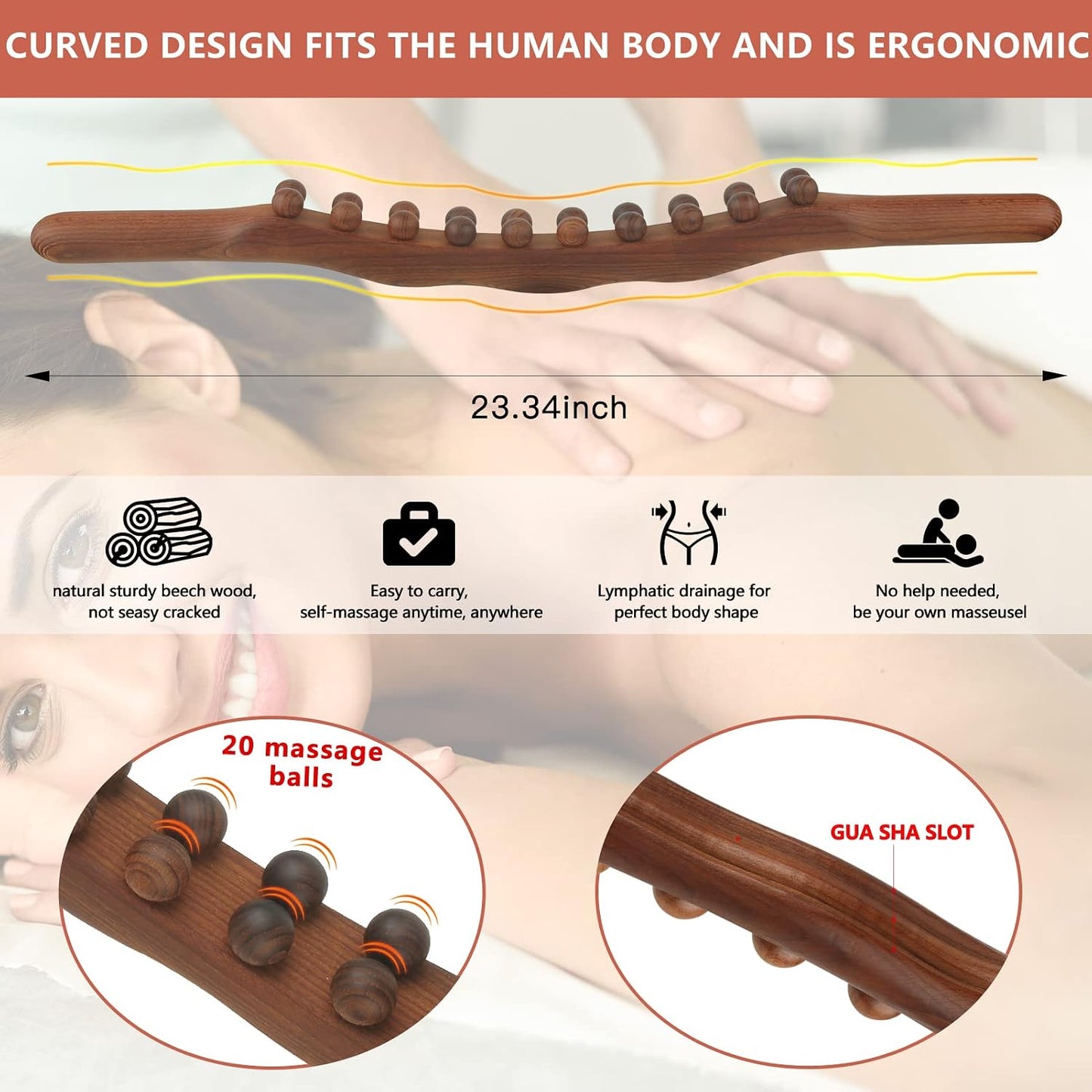Wood Therapy Guasha Wood Stick Massage Tools, Lymphatic Drainage Massage Stick, Stomach Cellulite Massager, Myofascial Release Tool, Ease Pain Self Body Sculpting, Mountable Handle Double Row 20 Beads
