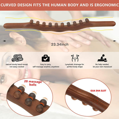 Wood Therapy Guasha Wood Stick Massage Tools, Lymphatic Drainage Massage Stick, Stomach Cellulite Massager, Myofascial Release Tool, Ease Pain Self Body Sculpting, Mountable Handle Double Row 20 Beads