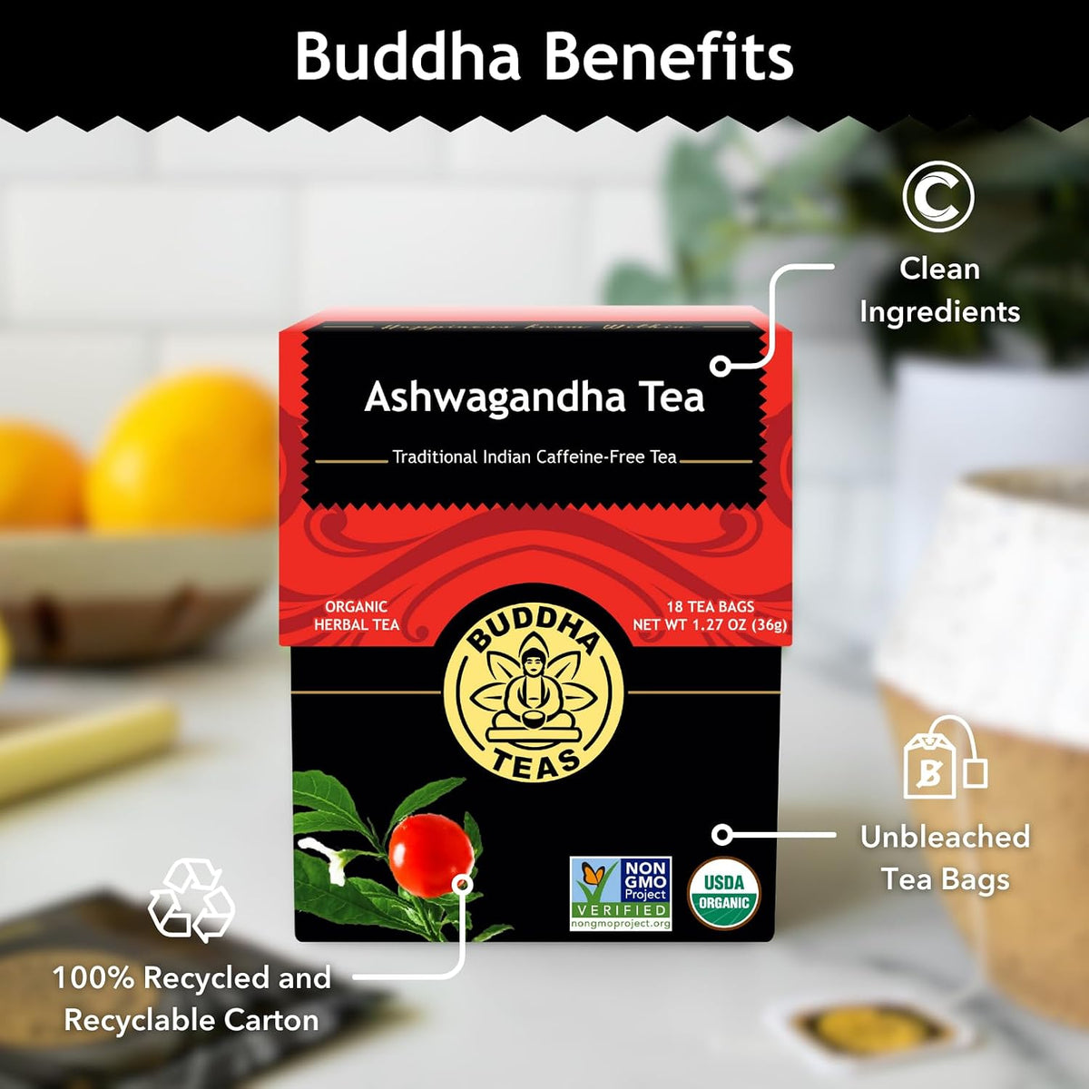 Buddha Teas Organic Ashwagandha Tea - Herbal Tea, Caffeine Free