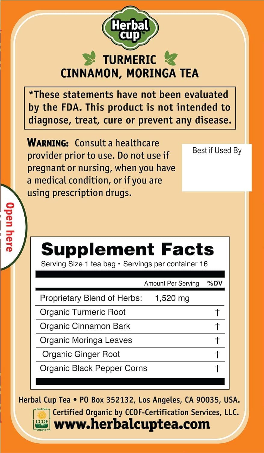 Herbal Cup Ayurveda Turmeric Tea, Organic Cinnamon Moringa, No Caffeine Herbal Supplement (16 Count, Pack of 1)