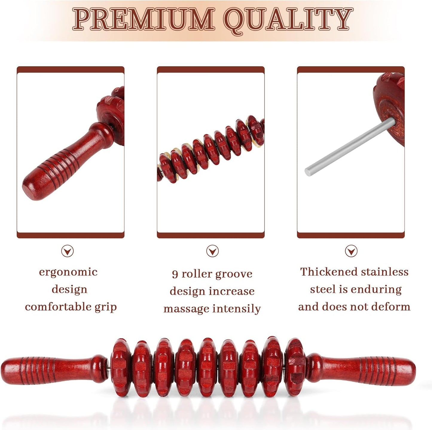 Liitrton Manual Wooden Fascia Massage Roller Trigger Points for Release Cellulite Sore Muscle Blasting (Straight-9-Wheel)