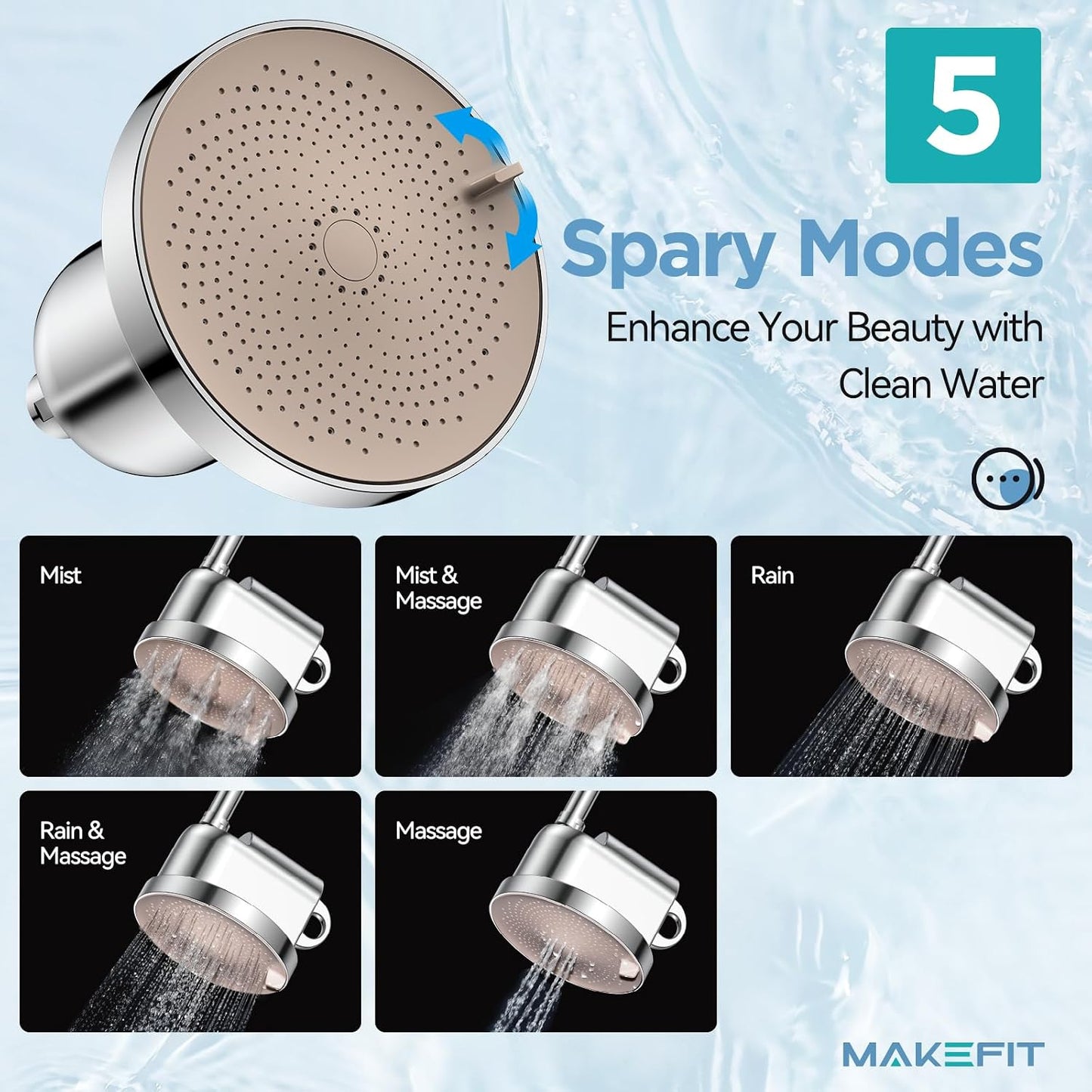 MakeFit Filtered Shower Head - High Pressure Shower Head with Filter for Hard Water Softener - 7 Settings Bathroom Rain Showerhead to Remove Chlorine and Heavy Metals (Chrome)