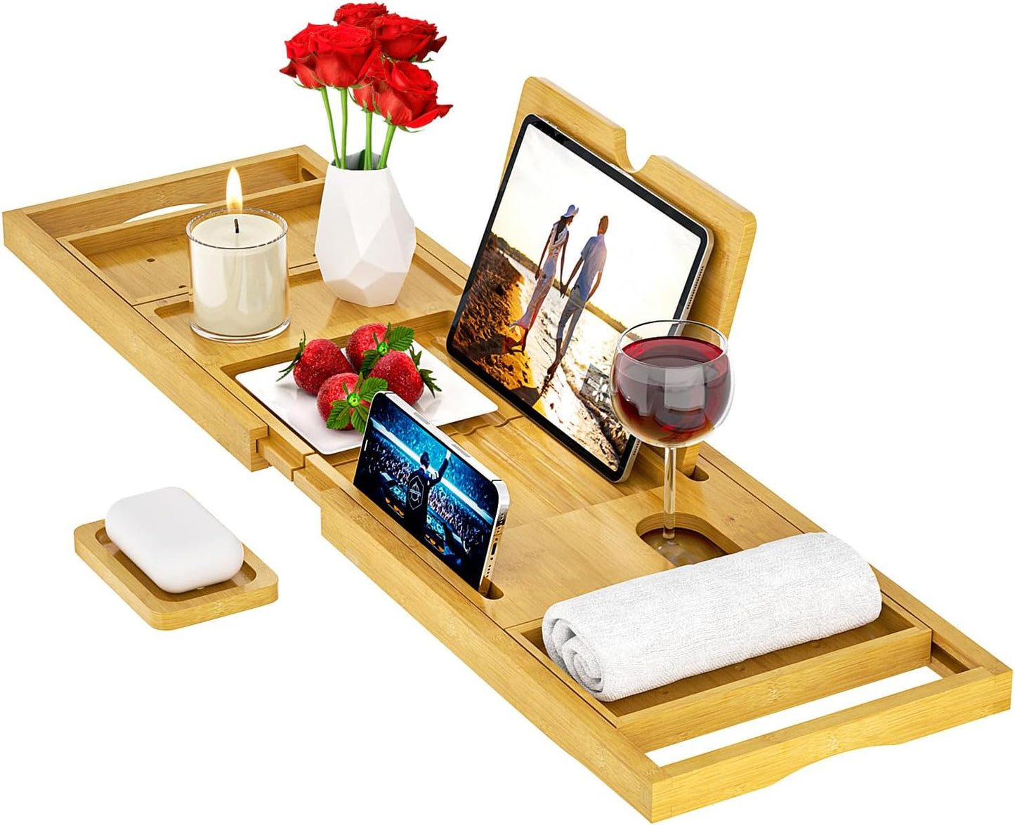Premium Bamboo Bathtub Tray Caddy - Bath Tub Tray Table for Bathtub - Bath Caddy Tray for Bathtub, Expandable Size, Fits Most Bath Tubs
