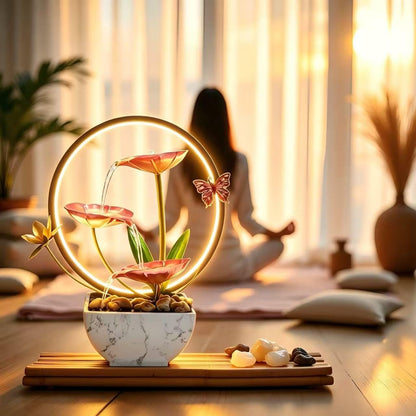 11‘’ H Pink Tabletop Water Fountain, Zen Desktop Waterfall, Indoor Lotus Desktop Decorative Fountain, Home Bathroom Bedroom Decor.