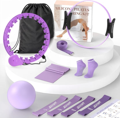 JKSHMYT Pilates Kit for Women,Pilates Equipment with 14.5" Pilates Ring and 64" Infinity Weighted Hula Exercise Hoop, Ball, Resistance Bands,Yoga Strap,Yoga Ring & Grip Socks Accessories | Multi Accessory Combination