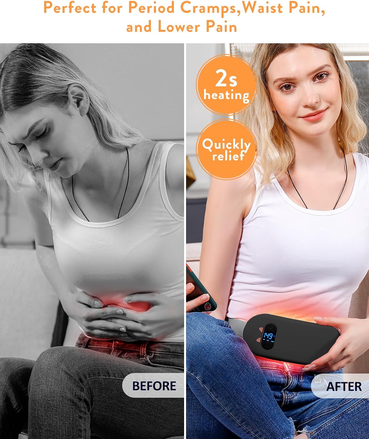 Electric Heating Pad, Portable Cordless Menstrual Heating Pad with 6 Heat Levels and 6 Massage Modes, Fast Large Heating Belly Wrap Belt for Cramps, Back Pain Relief Gifts for Women Girls Her